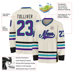 Custom Cream Purple Black-Teal Hockey Jersey