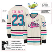 Load image into Gallery viewer, Custom Cream Teal Black-Pink Hockey Jersey
