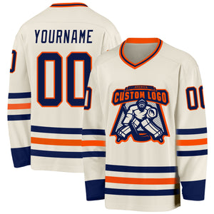 Custom Cream Navy-Orange Hockey Jersey