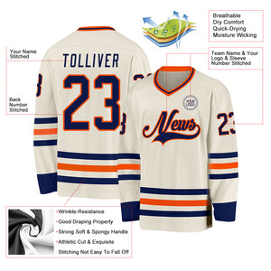 Custom Cream Navy-Orange Hockey Jersey