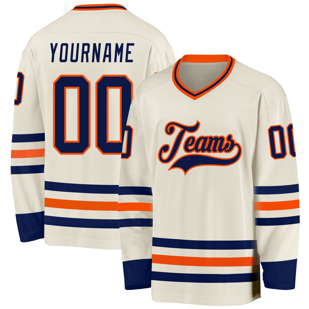 Custom Cream Navy-Orange Hockey Jersey