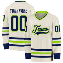 Load image into Gallery viewer, Custom Cream Navy-Neon Green Hockey Jersey
