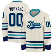 Load image into Gallery viewer, Custom Cream Navy-Teal Hockey Jersey
