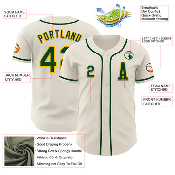 Custom Cream Green-Gold Authentic Baseball Jersey