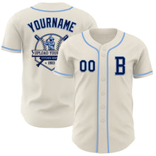 Load image into Gallery viewer, Custom Cream Navy-Light Blue Authentic Baseball Jersey
