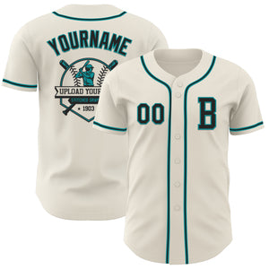 Custom Cream Black-Teal Authentic Baseball Jersey