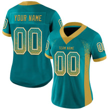 Load image into Gallery viewer, Custom Teal Old Gold-White Mesh Drift Fashion Football Jersey
