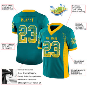 Custom Teal Gold-White Mesh Drift Fashion Football Jersey