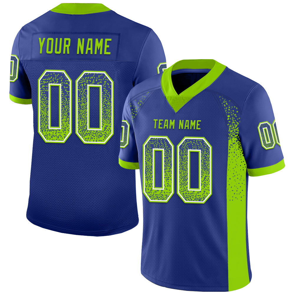 Custom Royal Neon Green-White Mesh Drift Fashion Football Jersey