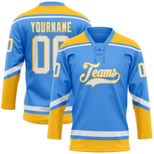 Load image into Gallery viewer, Custom Powder Blue White-Gold Hockey Lace Neck Jersey
