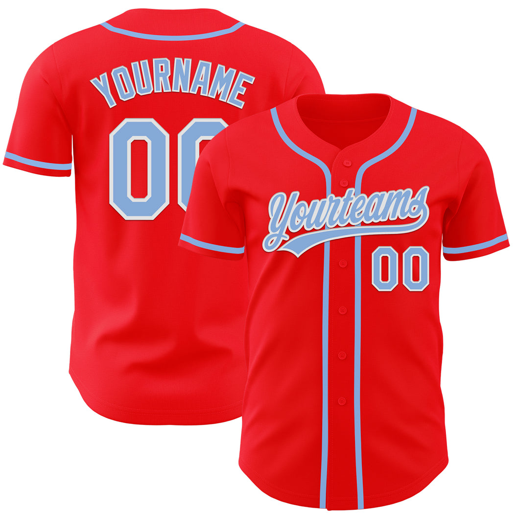 Custom Fire Red Light Blue-White Authentic Baseball Jersey