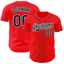 Load image into Gallery viewer, Custom Fire Red Navy-Old Gold Authentic Baseball Jersey
