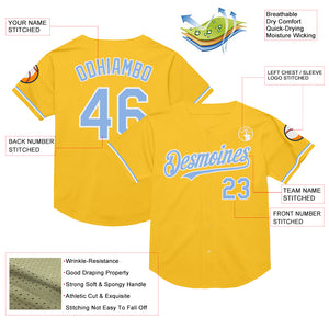 Custom Gold Light Blue-White Mesh Authentic Throwback Baseball Jersey