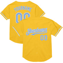 Load image into Gallery viewer, Custom Gold Light Blue-White Mesh Authentic Throwback Baseball Jersey
