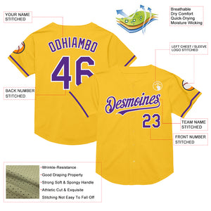 Custom Gold Purple-White Mesh Authentic Throwback Baseball Jersey