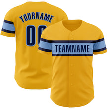 Load image into Gallery viewer, Custom Gold Navy-Light Blue Authentic Baseball Jersey
