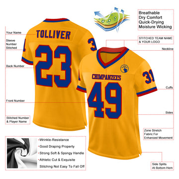 Custom Gold Royal-Red Mesh Authentic Throwback Football Jersey