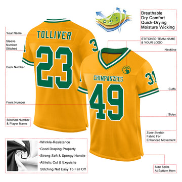 Custom Gold Kelly Green-White Mesh Authentic Throwback Football Jersey