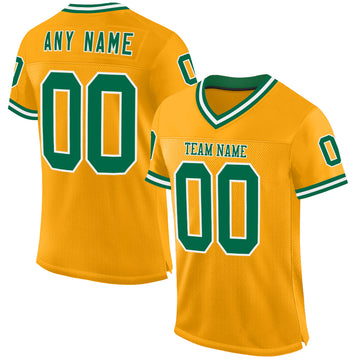 Custom Gold Kelly Green-White Mesh Authentic Throwback Football Jersey