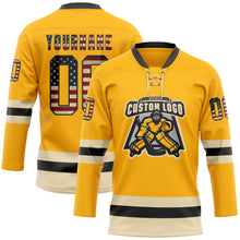 Load image into Gallery viewer, Custom Gold Vintage USA Flag Black-Cream Hockey Lace Neck Jersey
