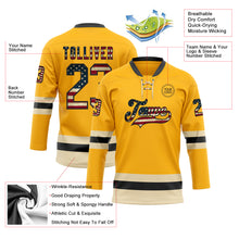 Load image into Gallery viewer, Custom Gold Vintage USA Flag Black-Cream Hockey Lace Neck Jersey
