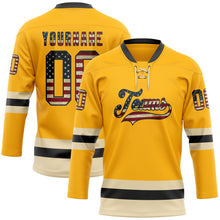 Load image into Gallery viewer, Custom Gold Vintage USA Flag Black-Cream Hockey Lace Neck Jersey
