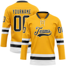 Load image into Gallery viewer, Custom Gold Black-White Hockey Lace Neck Jersey
