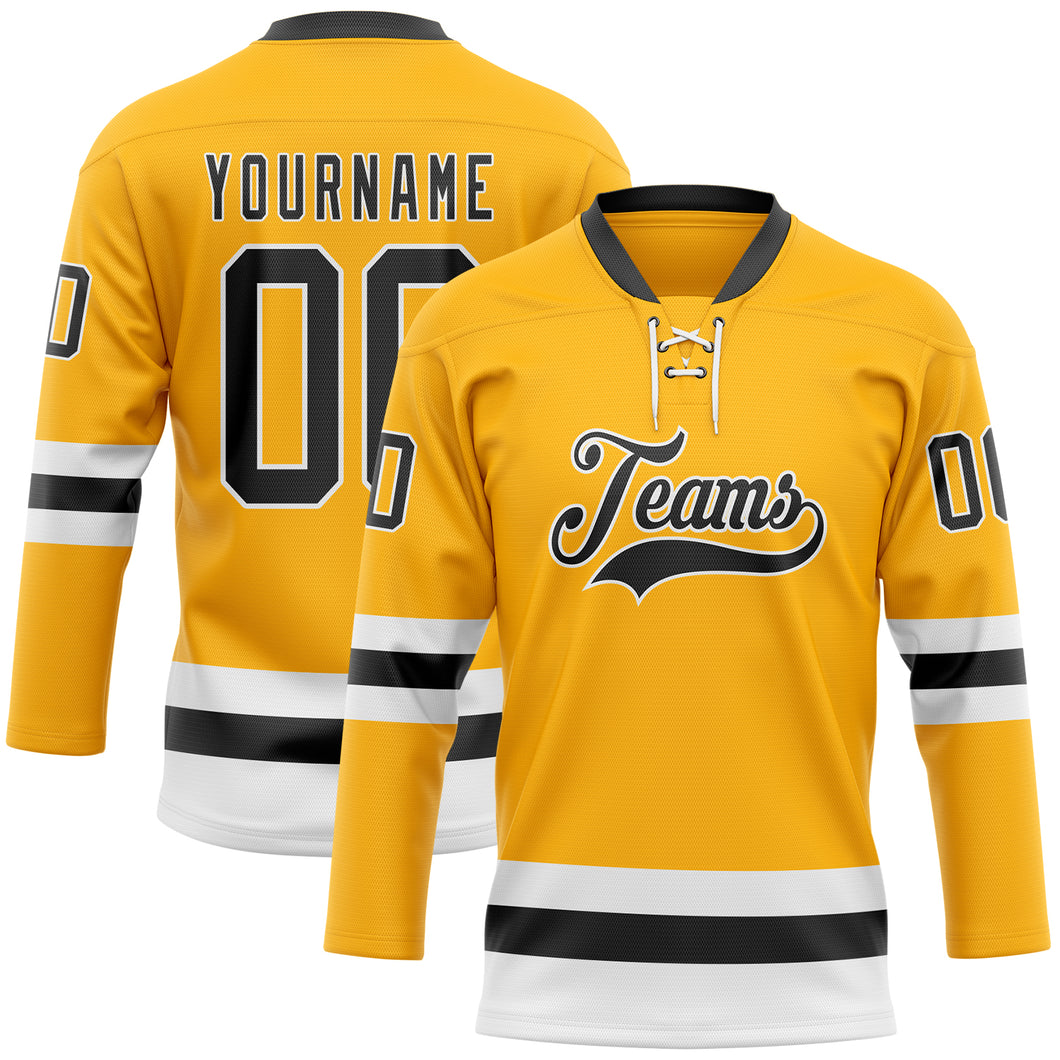 Custom Gold Black-White Hockey Lace Neck Jersey