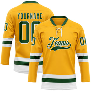 Custom Gold Green-White Hockey Lace Neck Jersey