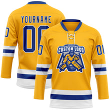 Load image into Gallery viewer, Custom Gold Royal-White Hockey Lace Neck Jersey
