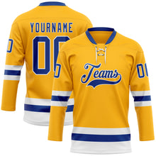 Load image into Gallery viewer, Custom Gold Royal-White Hockey Lace Neck Jersey
