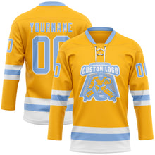 Load image into Gallery viewer, Custom Gold Light Blue-White Hockey Lace Neck Jersey
