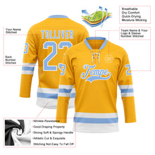 Load image into Gallery viewer, Custom Gold Light Blue-White Hockey Lace Neck Jersey
