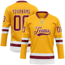 Load image into Gallery viewer, Custom Gold Crimson-White Hockey Lace Neck Jersey
