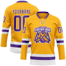 Load image into Gallery viewer, Custom Gold Purple-White Hockey Lace Neck Jersey
