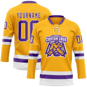 Custom Gold Purple-White Hockey Lace Neck Jersey