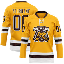 Load image into Gallery viewer, Custom Gold Brown-White Hockey Lace Neck Jersey
