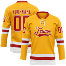 Load image into Gallery viewer, Custom Gold Red-White Hockey Lace Neck Jersey
