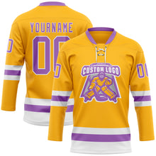 Load image into Gallery viewer, Custom Gold Medium Purple-White Hockey Lace Neck Jersey
