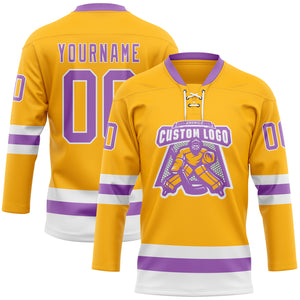 Custom Gold Medium Purple-White Hockey Lace Neck Jersey