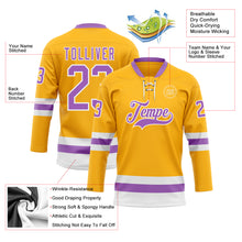 Load image into Gallery viewer, Custom Gold Medium Purple-White Hockey Lace Neck Jersey
