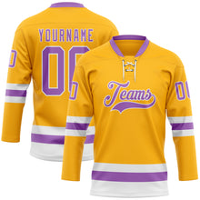 Load image into Gallery viewer, Custom Gold Medium Purple-White Hockey Lace Neck Jersey
