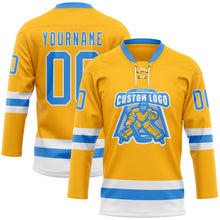 Load image into Gallery viewer, Custom Gold Powder Blue-White Hockey Lace Neck Jersey
