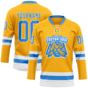 Custom Gold Powder Blue-White Hockey Lace Neck Jersey