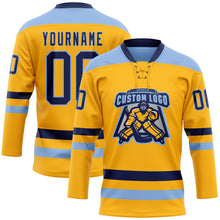 Load image into Gallery viewer, Custom Gold Navy-Light Blue Hockey Lace Neck Jersey
