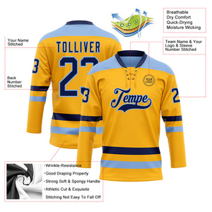 Custom Gold Navy-Light Blue Hockey Lace Neck Jersey