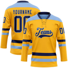 Load image into Gallery viewer, Custom Gold Navy-Light Blue Hockey Lace Neck Jersey
