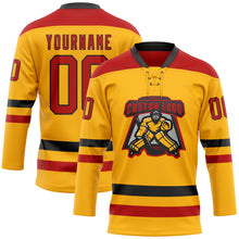 Load image into Gallery viewer, Custom Gold Red-Black Hockey Lace Neck Jersey
