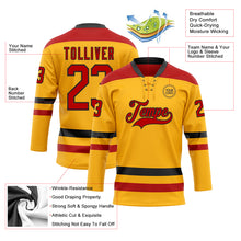 Load image into Gallery viewer, Custom Gold Red-Black Hockey Lace Neck Jersey
