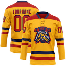 Load image into Gallery viewer, Custom Gold Red-Navy Hockey Lace Neck Jersey
